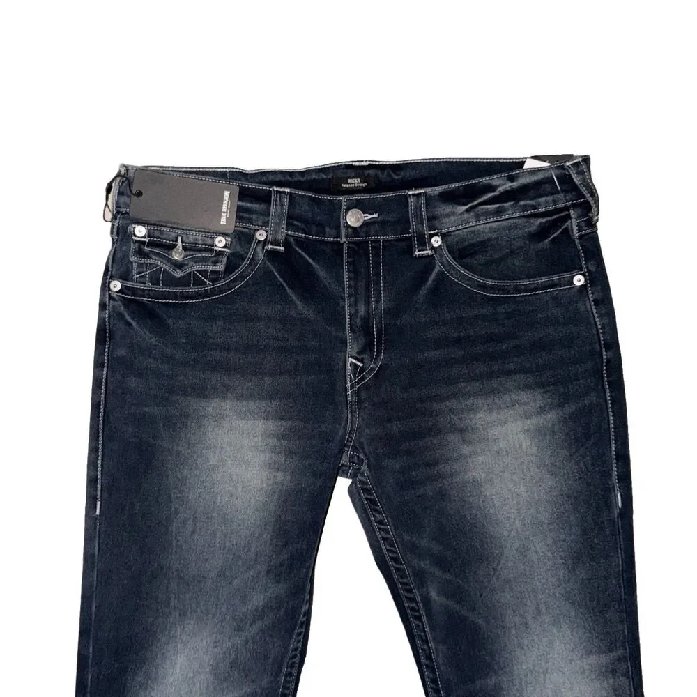 True Religion Embroidered Back Flap Pockets Straight Sz 38x34 Dark Blue Denim
